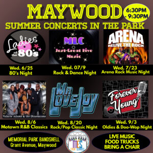 A poster with various concerts and dates for the park.