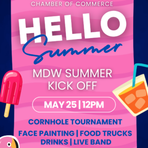 Hello Summer event flyer with colorful graphics.
