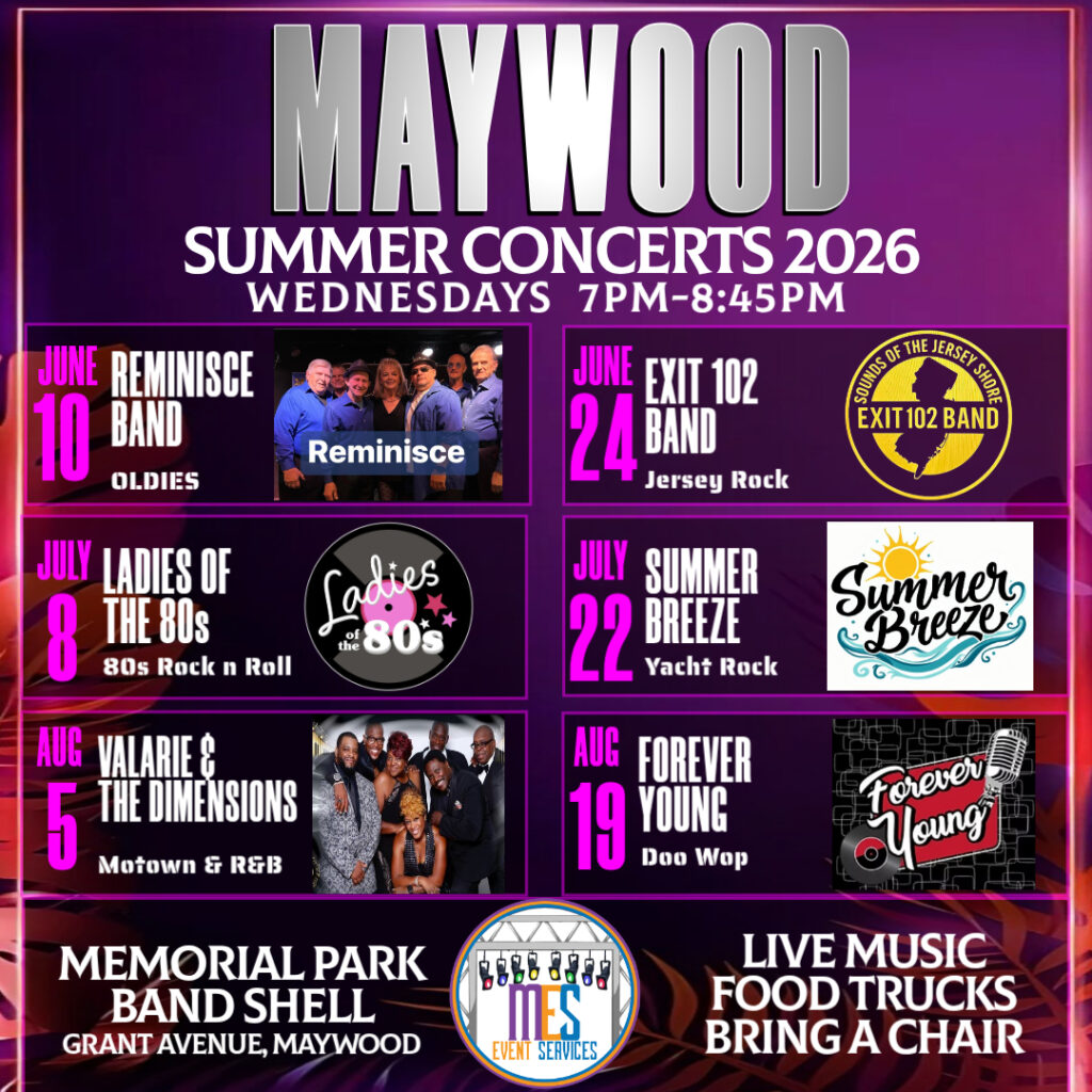 Maywood summer concerts schedule 2026 poster.